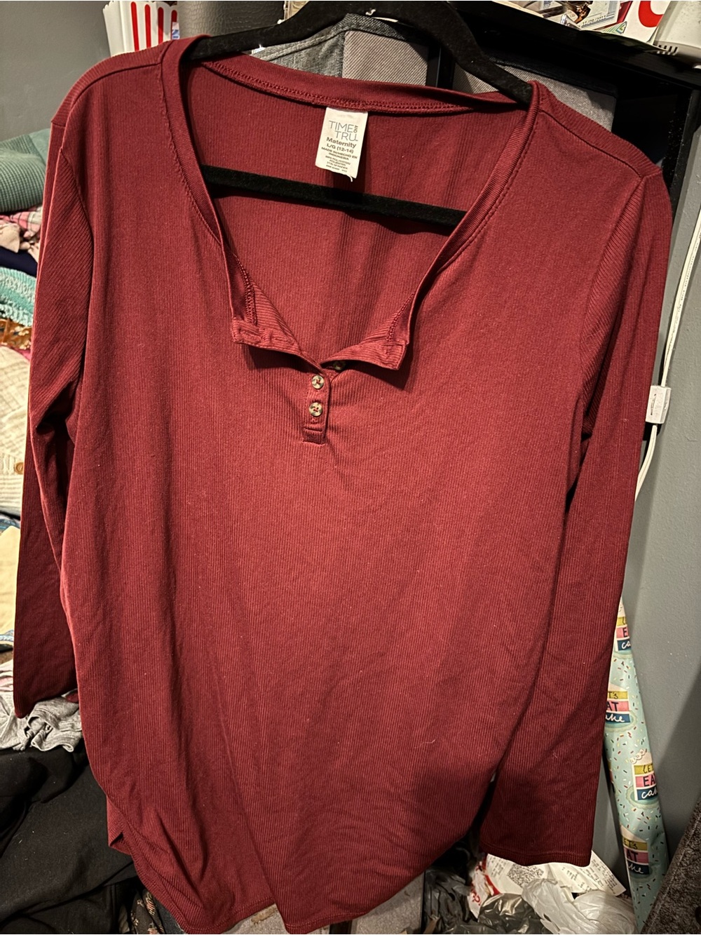 Time and Tru Women's Burgundy Henley Long-Sleeve Top Maternity Large